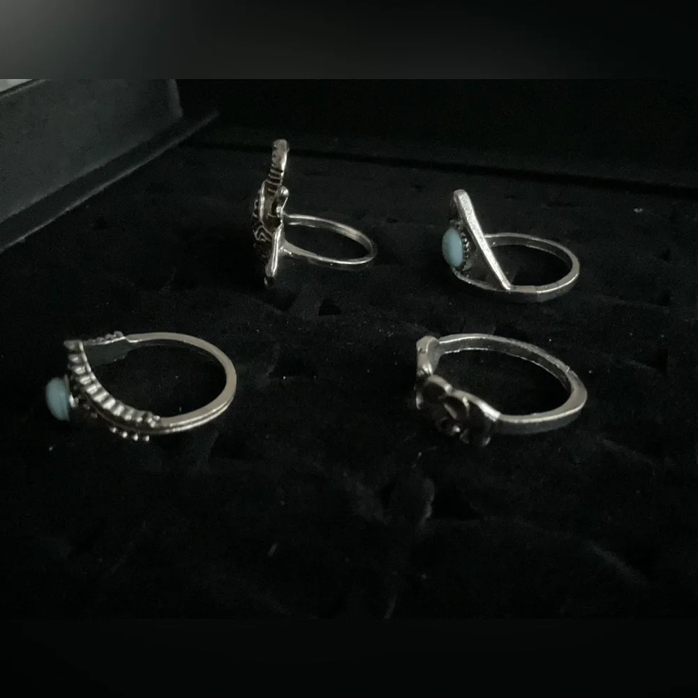 New x4 Silver Tone Rings Elephant Vintage Blue Boho Trendy Fashion Set Size 5/6